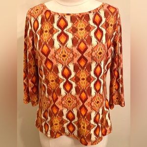 Talbots Petites Burnt Orange Cream Geometric Print Long Sleeve Casual Top SZ MP